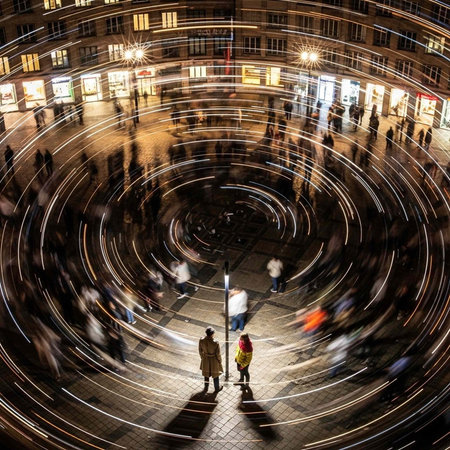A bustling city square at night with people walking in circular motion around a central point