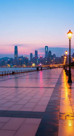 A serene cityscape at dusk with a paved walkway and streetlights along the waterfront