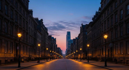 A serene city street at dusk with tall buildings and streetlights lining the cobblestone roadの写真素材