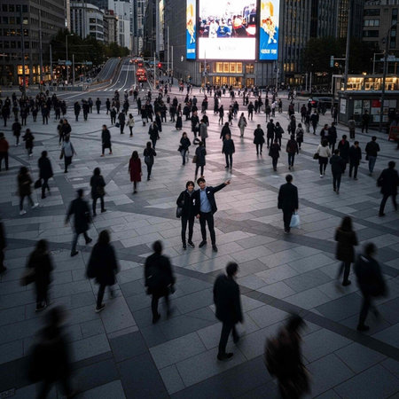A bustling city square filled with people walking in all directions at dusk in an urban environmentの写真素材