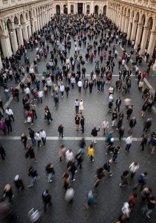 A large crowd of people walking through a historic square with ancient architecture and columns