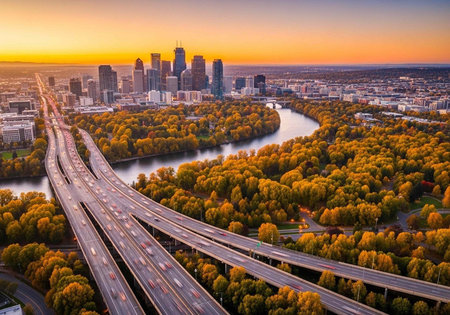 Aerial view of a city with a highway and trees during sunset