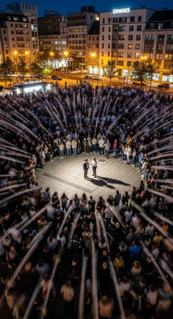 A large crowd of people gather in a city square at night for a lively event or performance