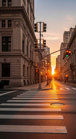 A serene city street at sunset with a crosswalk and traffic lights in a peaceful urban landscapeの写真素材