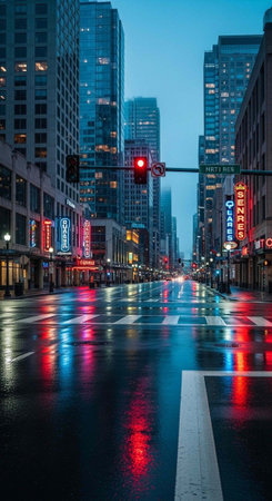 A city street at dusk with tall buildings and a busy road reflecting colorful lights on a rainy...
