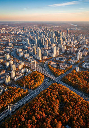 Aerial view of a bustling city with a highway system and autumnal trees under a blue skyの写真素材