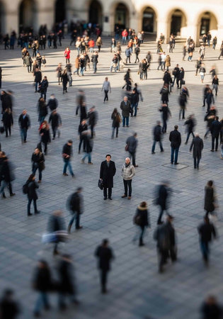 A bustling city square filled with people walking in various directions on a gray paved areaの写真素材