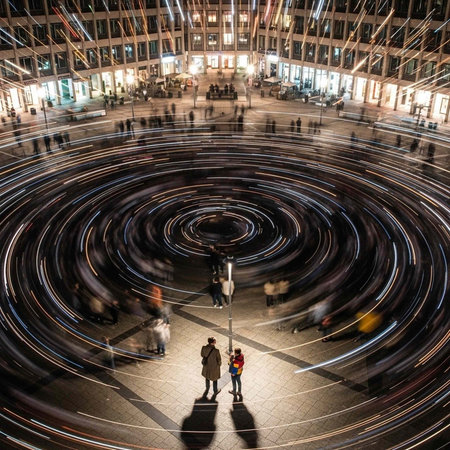 A stunning long-exposure photo of a couple standing in a bustling city square at night with light trailsの写真素材