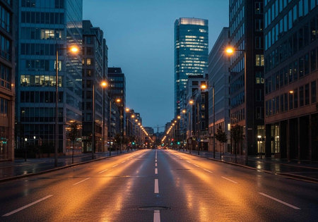 A city street at dusk with tall buildings and streetlights reflecting off the wet pavement