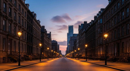 A serene city street at dusk with tall buildings and streetlights on a calm evening