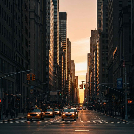 A bustling city street at sunset with tall buildings and cars driving down the road