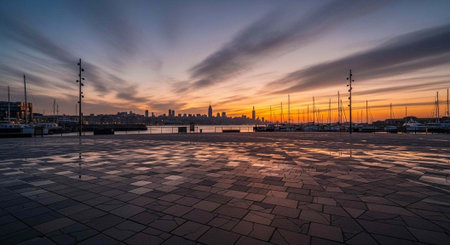 A serene cityscape at sunset with a waterfront and boats docked in the harbor