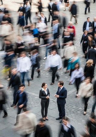 A busy city street with two professionals standing still amidst a blurred crowd of people walking quicklyの写真素材