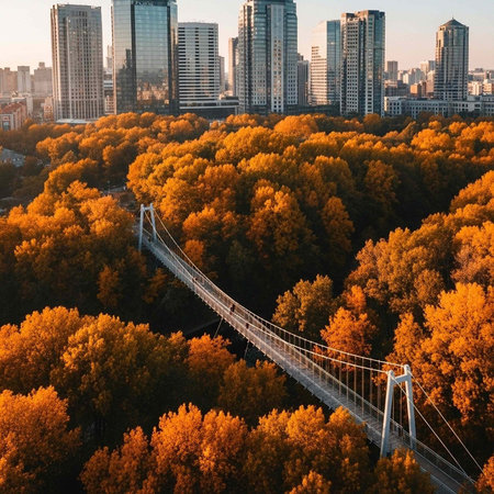 Aerial view of a suspension bridge in a forest with orange leaves and a city skyline in the...