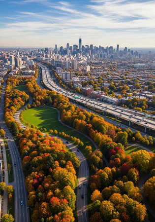 Aerial view of a city with a highway and trees changing colors in the fallの写真素材