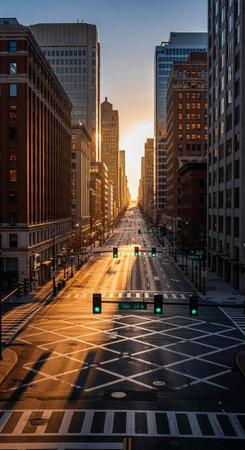 A serene cityscape at sunset with a clear blue sky and modern urban architecture