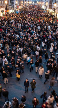 A large crowd of people walking down a busy city street at night