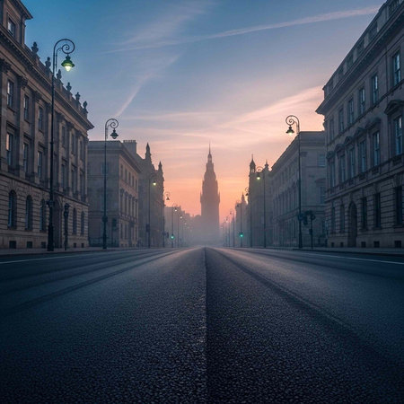 A serene cityscape at sunset with a long road and historic buildings in the backgroundの写真素材