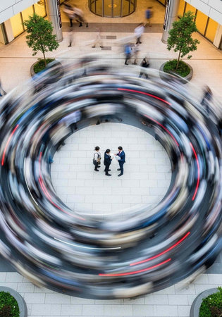 A group of people standing still in a busy urban environment with blurred motion around them.の写真素材