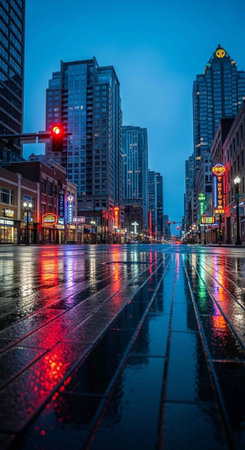 A city street at dusk with tall buildings and wet pavement reflecting colorful lights