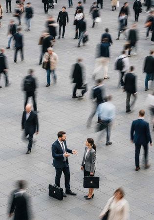 A businessman and woman in formal attire conversing in a bustling urban environment with many people walking byの写真素材