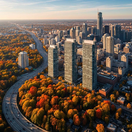Aerial view of a vibrant cityscape with skyscrapers surrounded by autumnal trees and a winding...