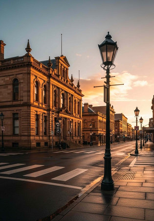 A serene city street at sunset with historic buildings and lampposts lining the wet pavementの写真素材