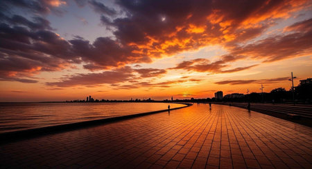 A serene waterfront promenade at sunset with a vibrant orange sky and silhouetted cityscape in the distance.の写真素材