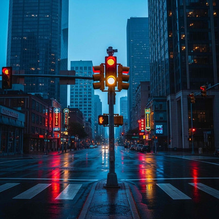 A city street at dusk with traffic lights and tall buildings in the background on a rainy eveningの写真素材