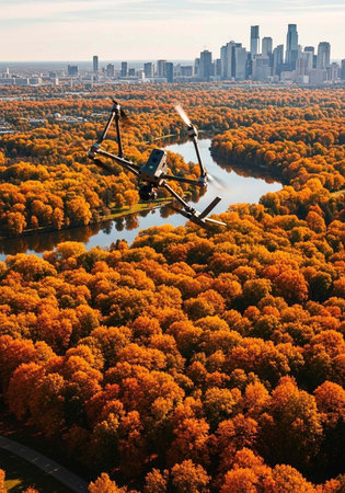 Aerial view of a drone flying over a vibrant autumnal forest with a city skyline in the background