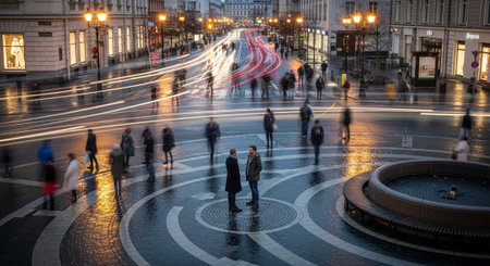 A bustling city street at night with people walking and cars driving by with motion blur