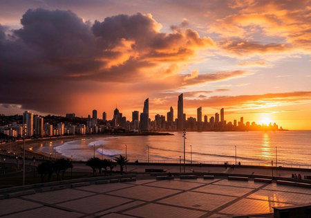 A serene city skyline at sunset with a calm ocean and vibrant skyの写真素材