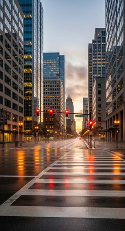 A city street at sunset with tall buildings and a crosswalkの写真素材