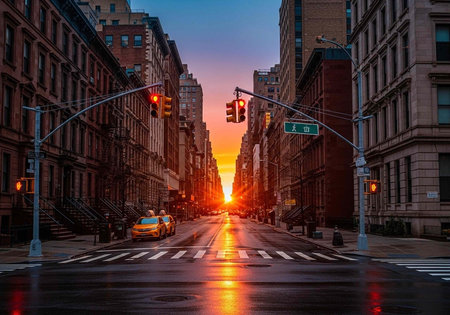 A serene city street at sunset with a yellow taxi and traffic lights in a peaceful urban landscape