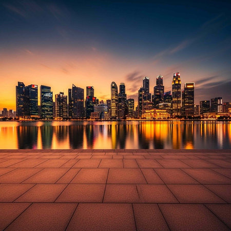 A serene cityscape at sunset with a paved waterfront and a stunning skyline of modern skyscrapers reflecting in the calm waterの写真素材