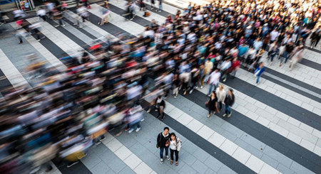A bustling city street with a large crowd of people walking across a crosswalk in a busy urban...