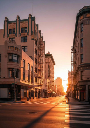 A serene city street at sunset with historic buildings and a peaceful atmosphereの写真素材
