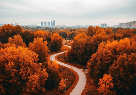 A winding road cuts through a vibrant autumnal forest with a city skyline in the distant background...