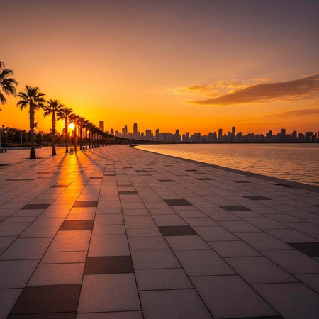 A serene cityscape at sunset with a waterfront promenade and palm trees lining the shoreの写真素材