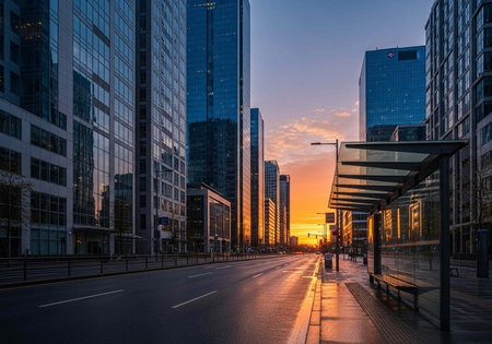 A serene cityscape at sunset with modern skyscrapers and an empty road