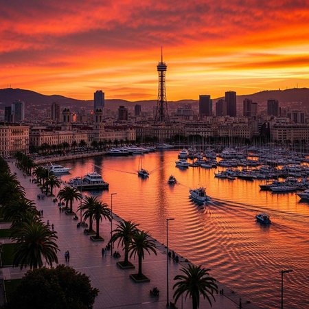 A serene cityscape at sunset with boats docked in a harbor surrounded by palm trees and skyscrapersの写真素材