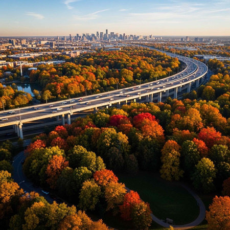 Aerial view of a cityscape with a highway and trees in autumn colors under a blue skyの写真素材