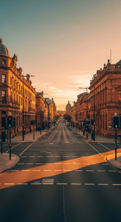 A serene city street at sunset with historic buildings and a peaceful atmosphere