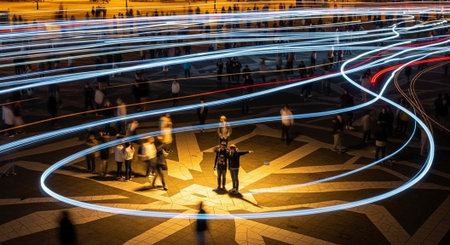 A couple stands in the center of a bustling city square at night, surrounded by vibrant light trails