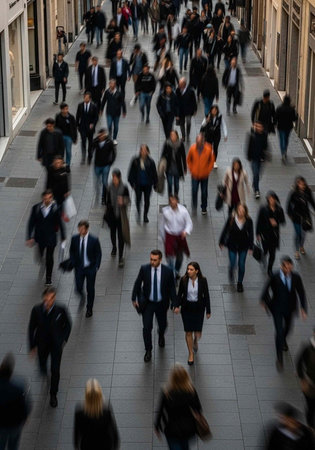 A bustling crowd of business professionals walks down a city street in a busy urban environment.の写真素材