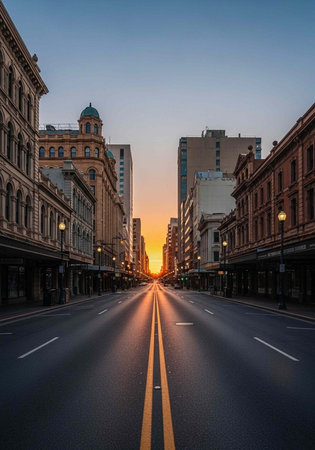 A serene city street at sunset with a clear blue sky and empty road