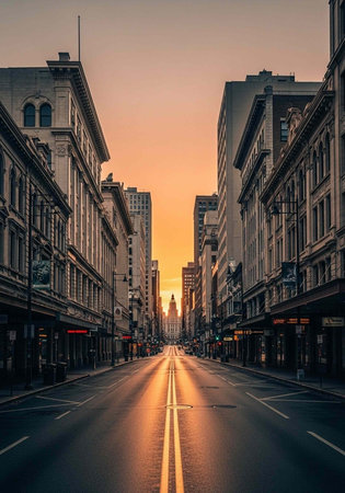 A serene city street at sunset with tall buildings and a peaceful atmosphereの写真素材