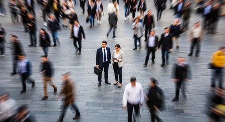 A busy urban street with people walking in all directions, conveying a sense of city life and movement.の写真素材
