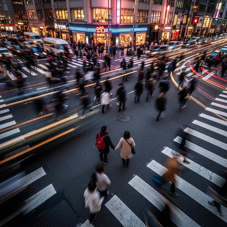 A bustling city street at night with people crossing the road and cars driving by