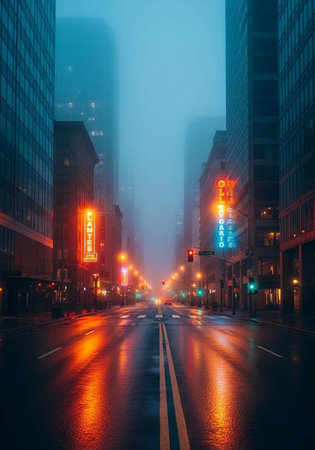 A foggy city street at night with neon lights reflecting off the wet pavement and tall buildings on...